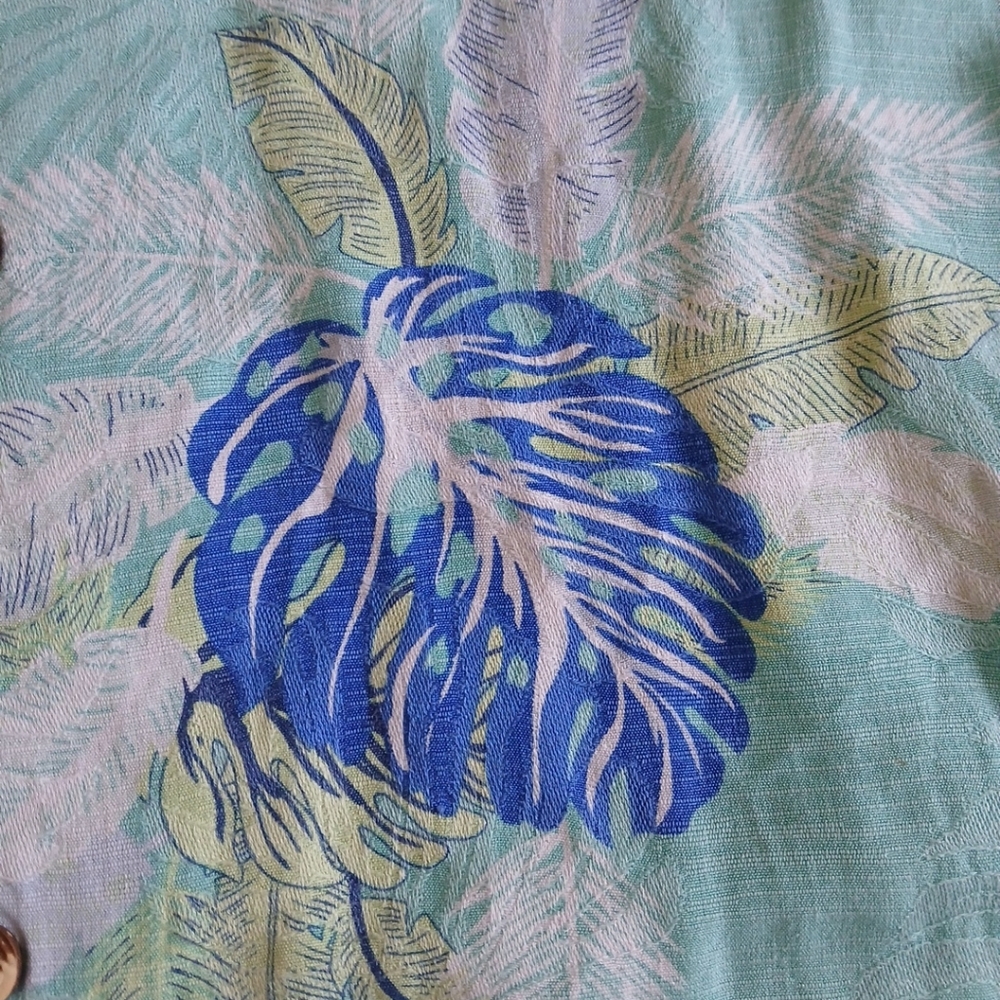 Vntg TOMMY BAHAMA Hawaiian Men's Silk Shirt XXL Blue & Green Leaves